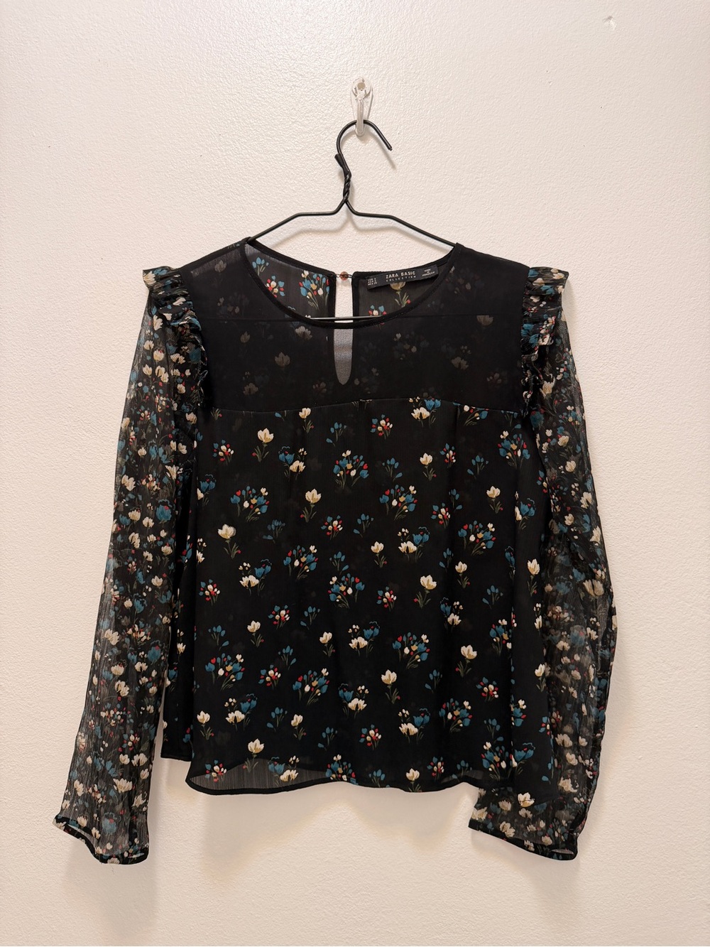 ZARA Basic Black Floral Sheer Ruffle Blouse Size S